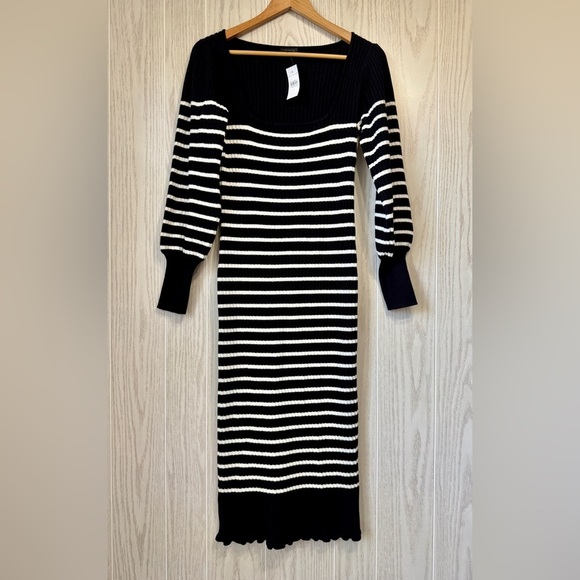 Ann Taylor Striped Midi Sweater Dress Square Neck Black White NWT Size Small - Picture 6 of 7